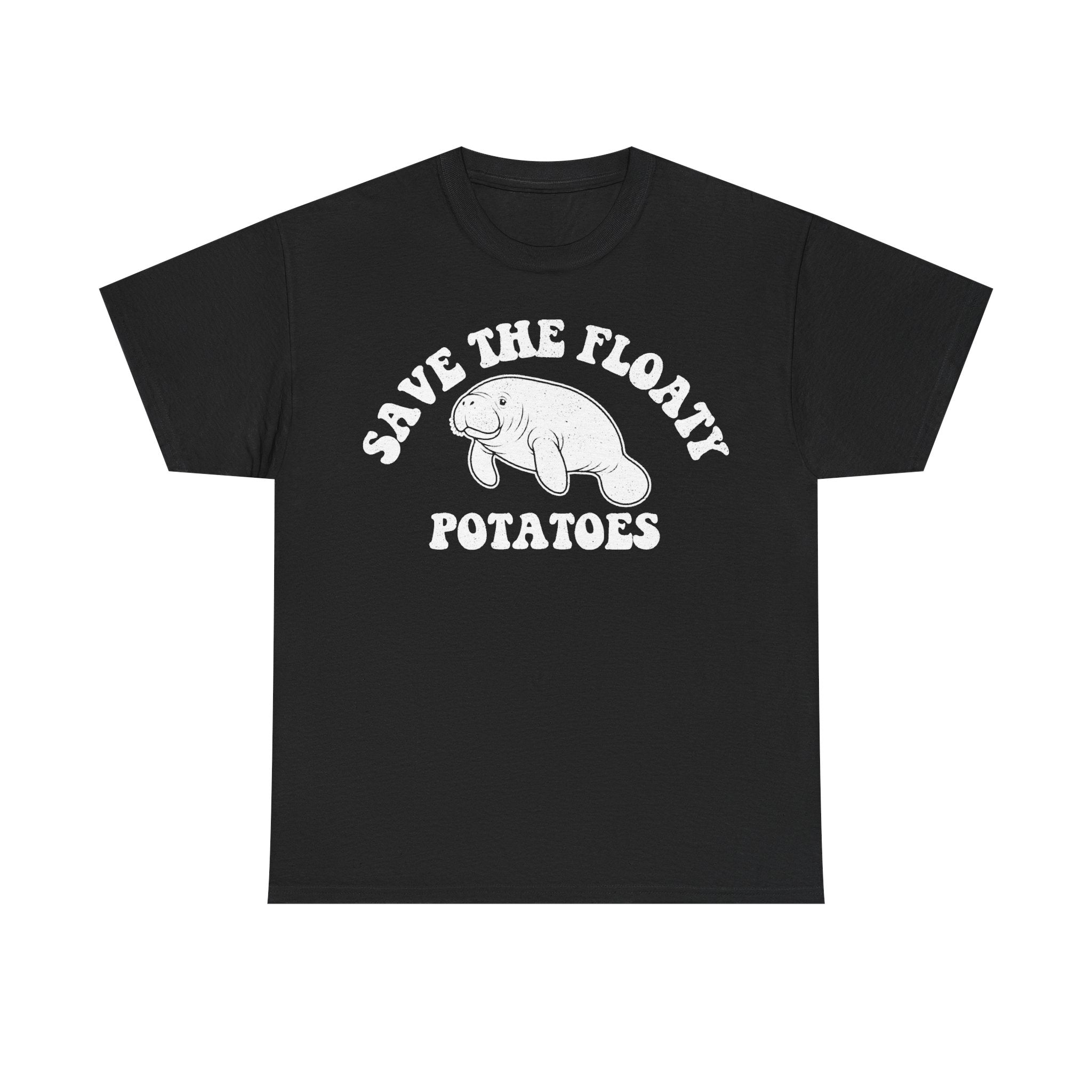 T-shirt black with vintage white manatee illustration and curved text.