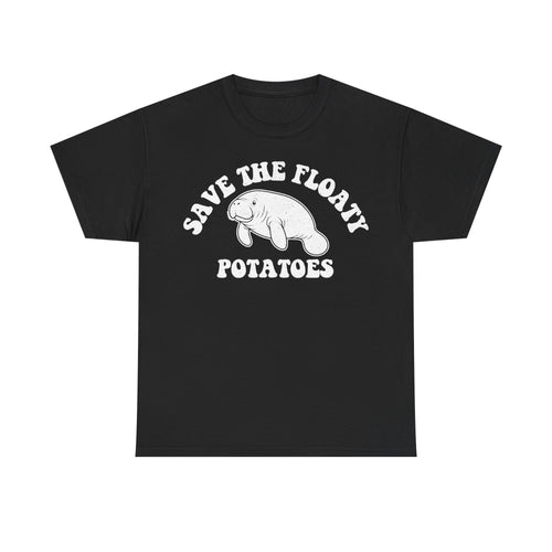 T-shirt black with vintage white manatee illustration and curved text.