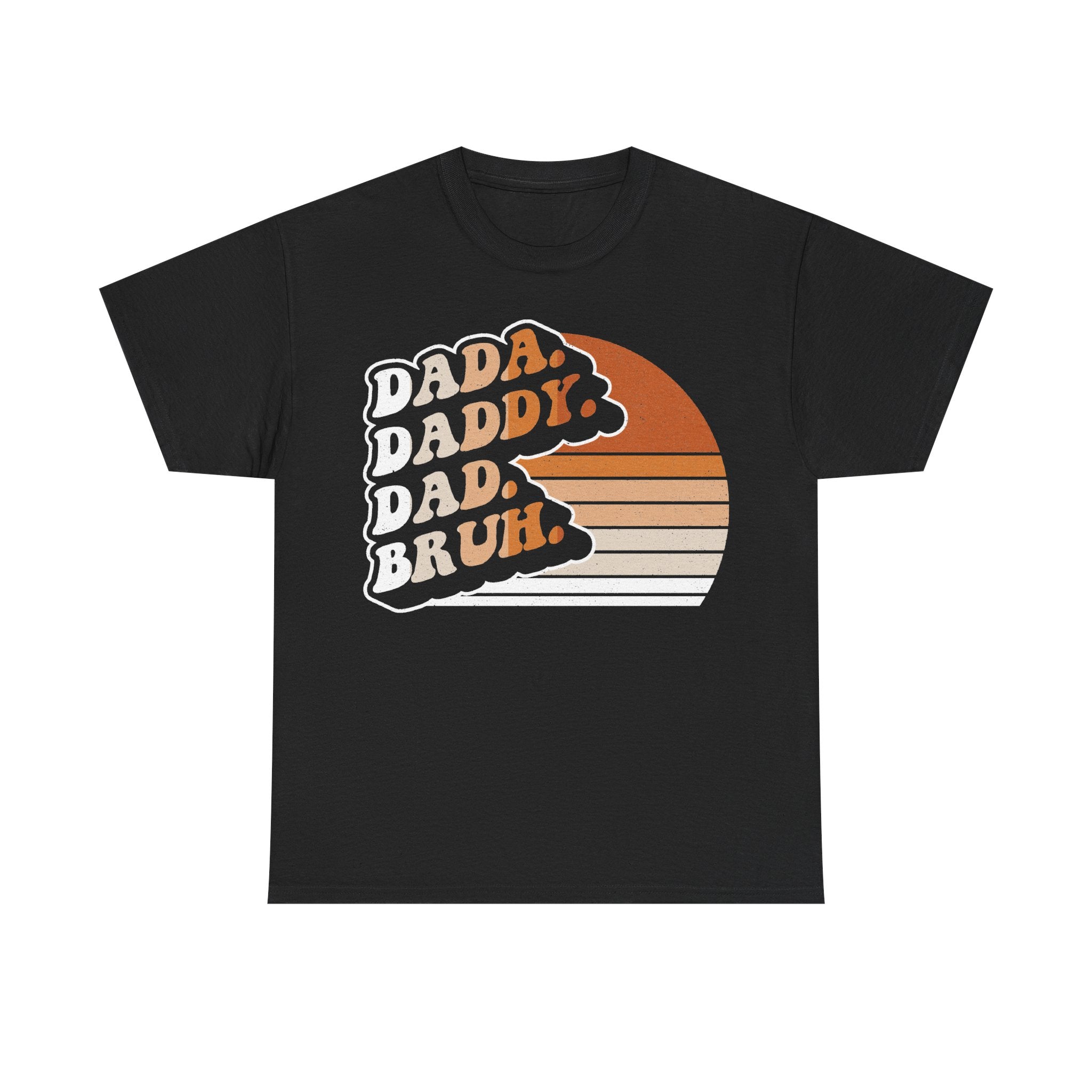 T-shirt, black, retro sunset stripes with DADA BRUH text graphic
