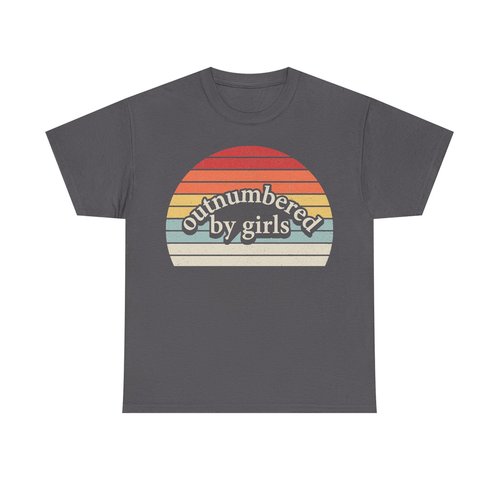 T-shirt, dark gray, retro sunset circle graphic in warm stripes with the text outnumbered by girls.