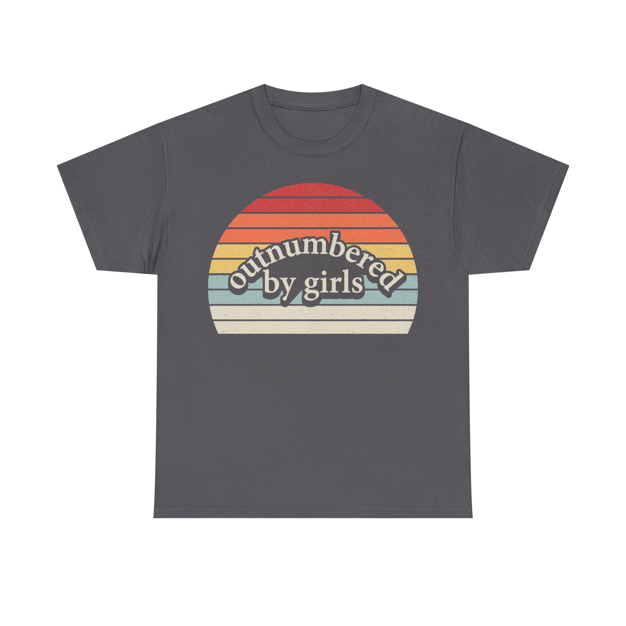 T-shirt, dark gray, retro sunset circle graphic in warm stripes with the text outnumbered by girls.