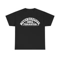 Black unisex T-shirt featuring a white circular typography design reading Nevertheless She Persisted.