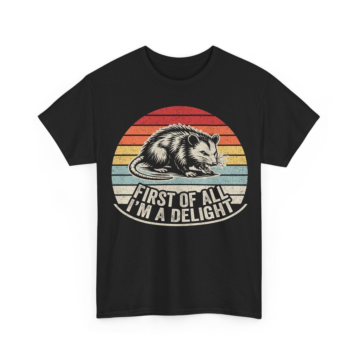 Opossum graphic tee with vintage sunset print and "First of all I'm a delight" slogan on relaxed crew-neck cotton shirt