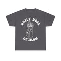 T-shirt, gray with white Daily Dose Of Iron curved text around a vintage golf bag full of irons.
