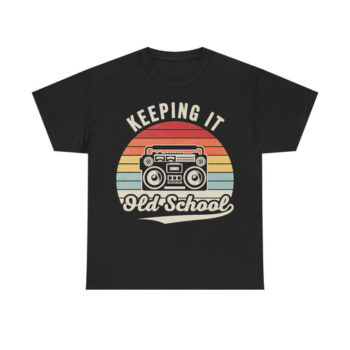 T-shirt, black, retro boombox graphic with rainbow stripes and Keeping It Old School text