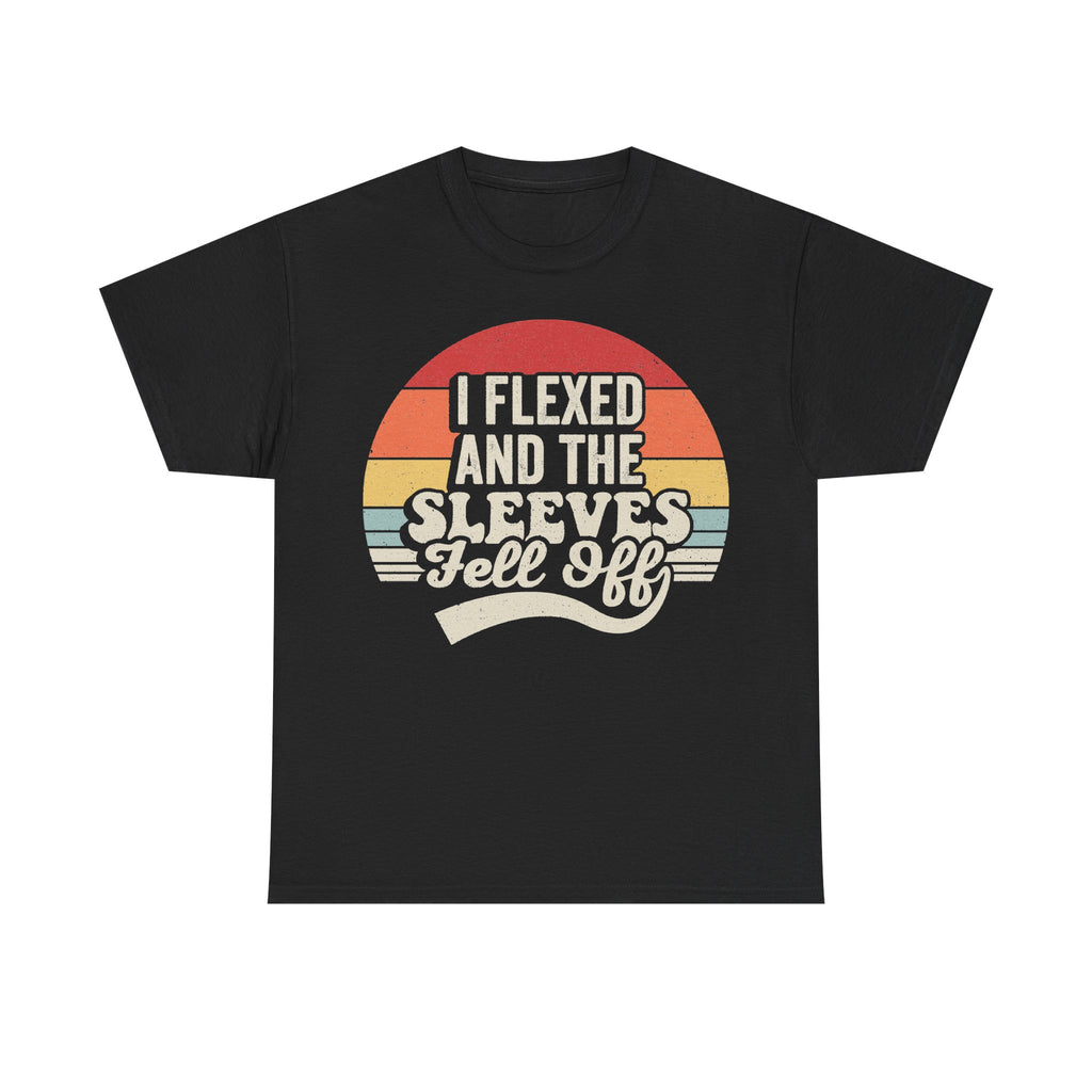 T-shirt in black with a retro sunset circle graphic and bold text I FLEXED AND THE SLEEVES FELL OFF