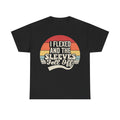 T-shirt in black with a retro sunset circle graphic and bold text I FLEXED AND THE SLEEVES FELL OFF