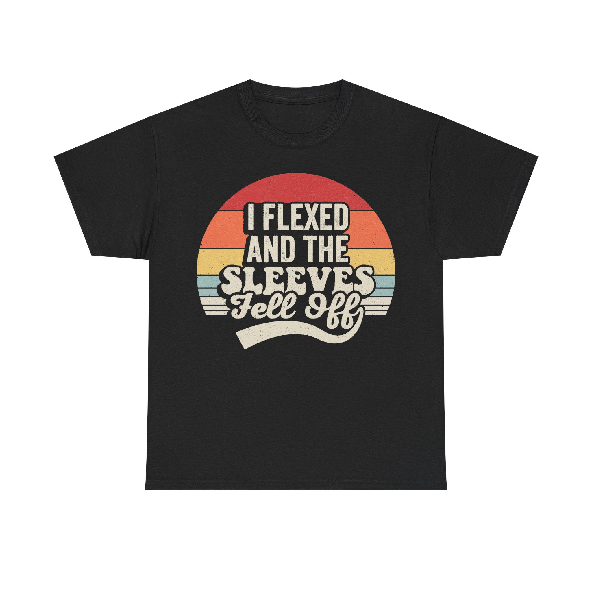 T-shirt in black with a retro sunset circle graphic and bold text I FLEXED AND THE SLEEVES FELL OFF