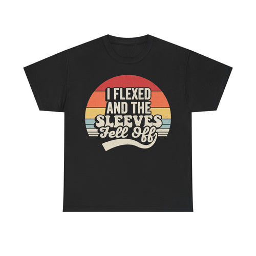 T-shirt in black with a retro sunset circle graphic and bold text I FLEXED AND THE SLEEVES FELL OFF