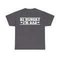 T-shirt in charcoal gray with bold white retro HI HUNGRY IM DAD text and decorative lines by Printify