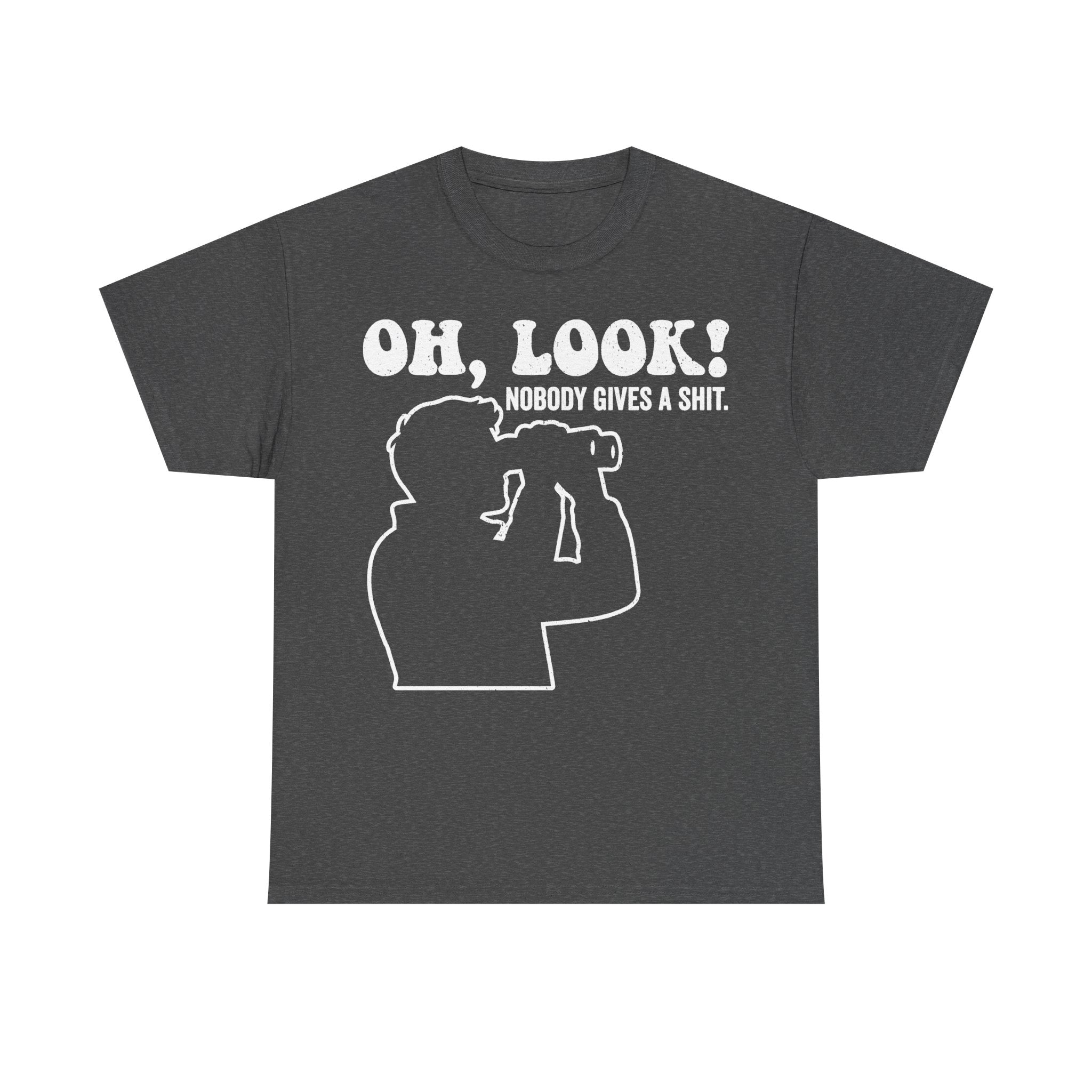 T-shirt, dark grey with white line-art dog illustration and bold white text OH, LOOK! NOBODY GIVES A SHIT.