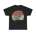 Black t-shirt with retro sunset circle graphic reading you either love dogs or you're wrong.