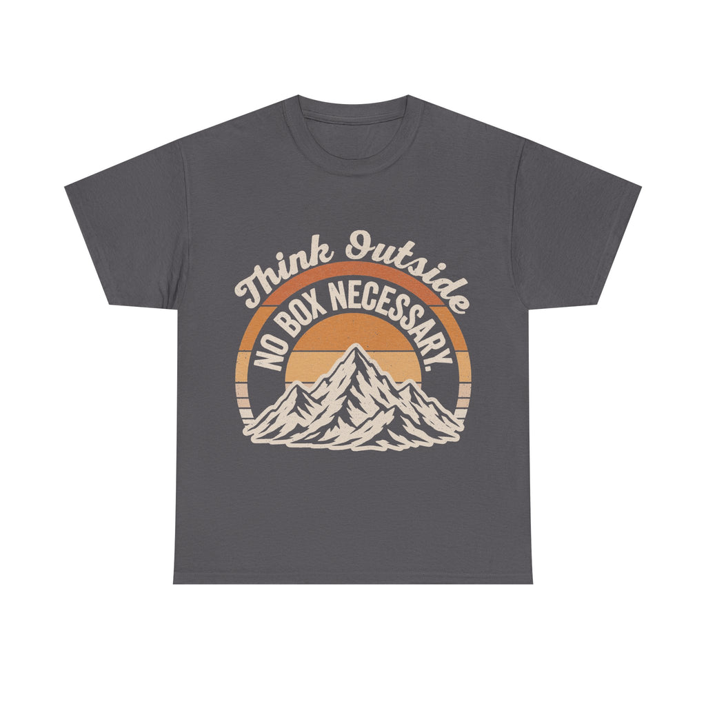 Gray T-shirt featuring Think Outside No Box Necessary mountain sunset circular vintage design