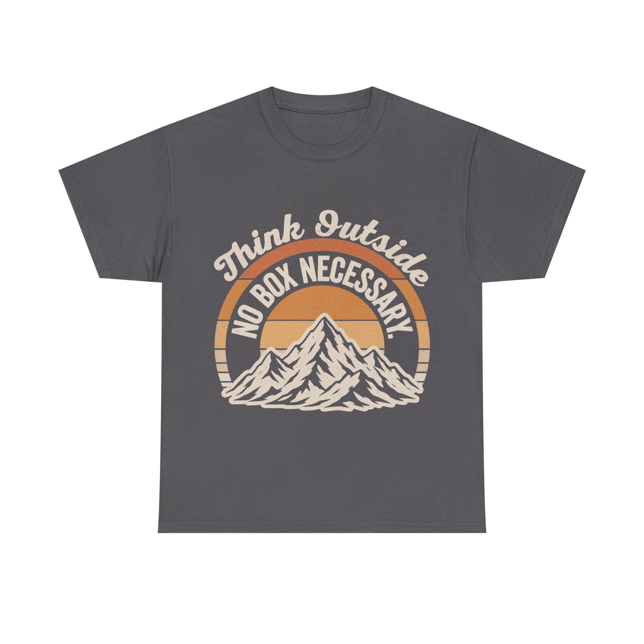 Gray T-shirt featuring Think Outside No Box Necessary mountain sunset circular vintage design