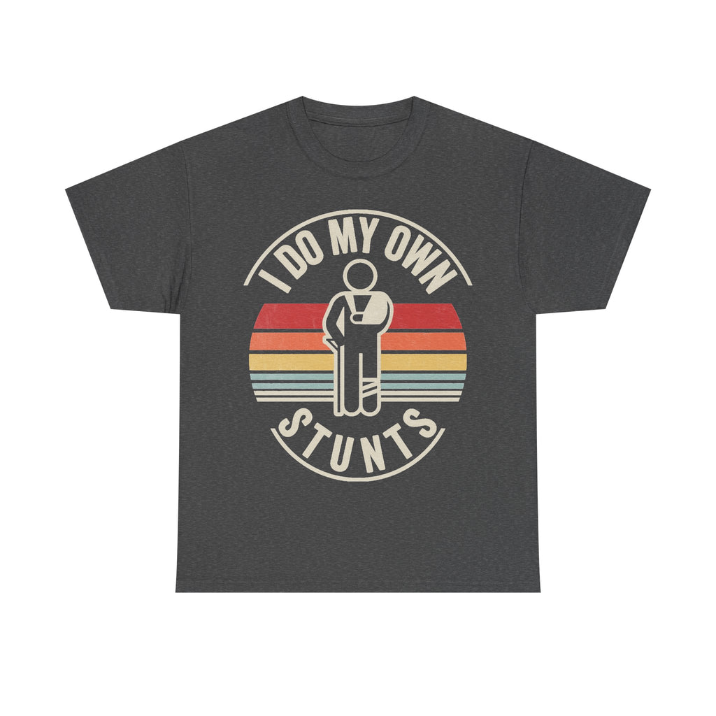 Dark charcoal T-shirt with retro sunset circle graphic; I DO MY OWN STUNTS text and a stick-figure icon