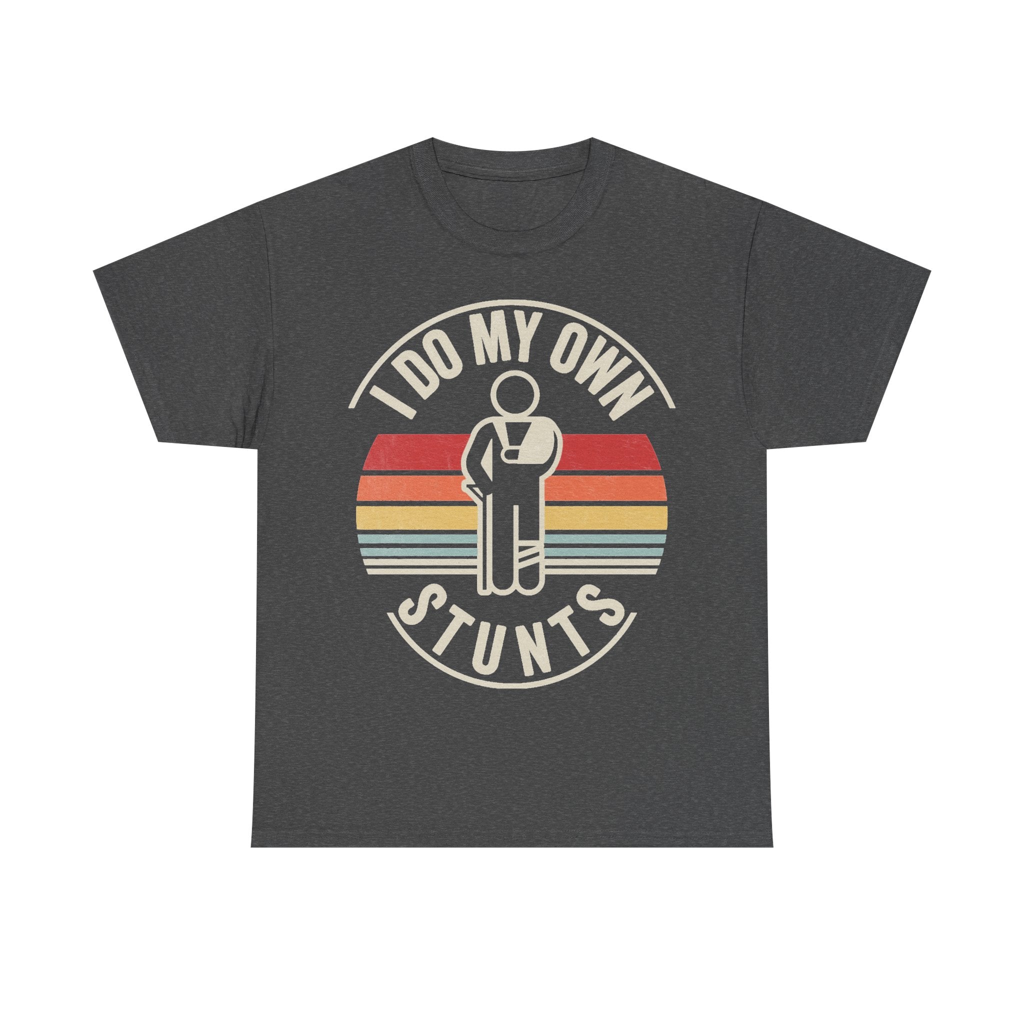 Dark charcoal T-shirt with retro sunset circle graphic; I DO MY OWN STUNTS text and a stick-figure icon
