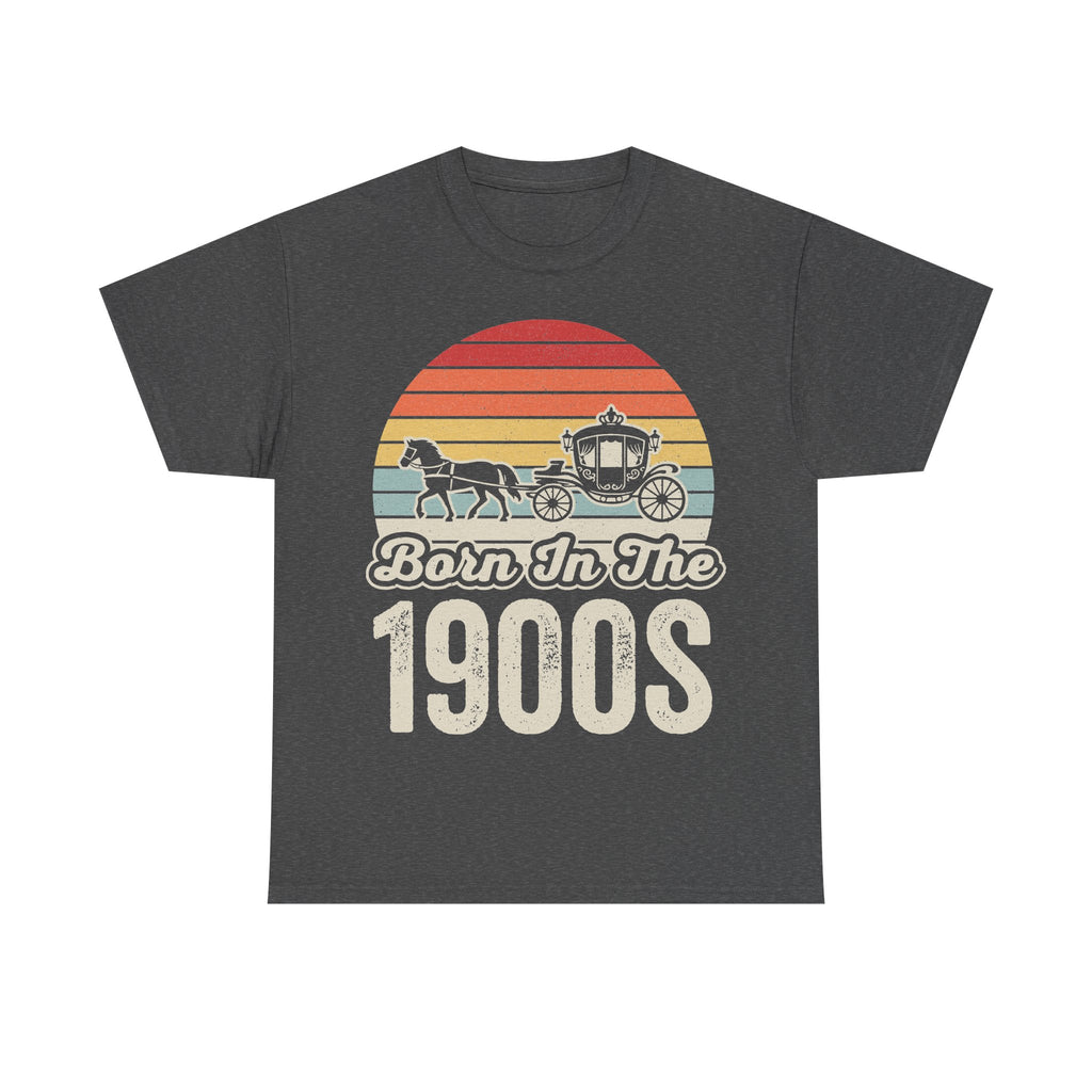 T-shirt with retro sunset carriage graphic featuring horses and the text Born In The 1900s on a dark charcoal shirt.