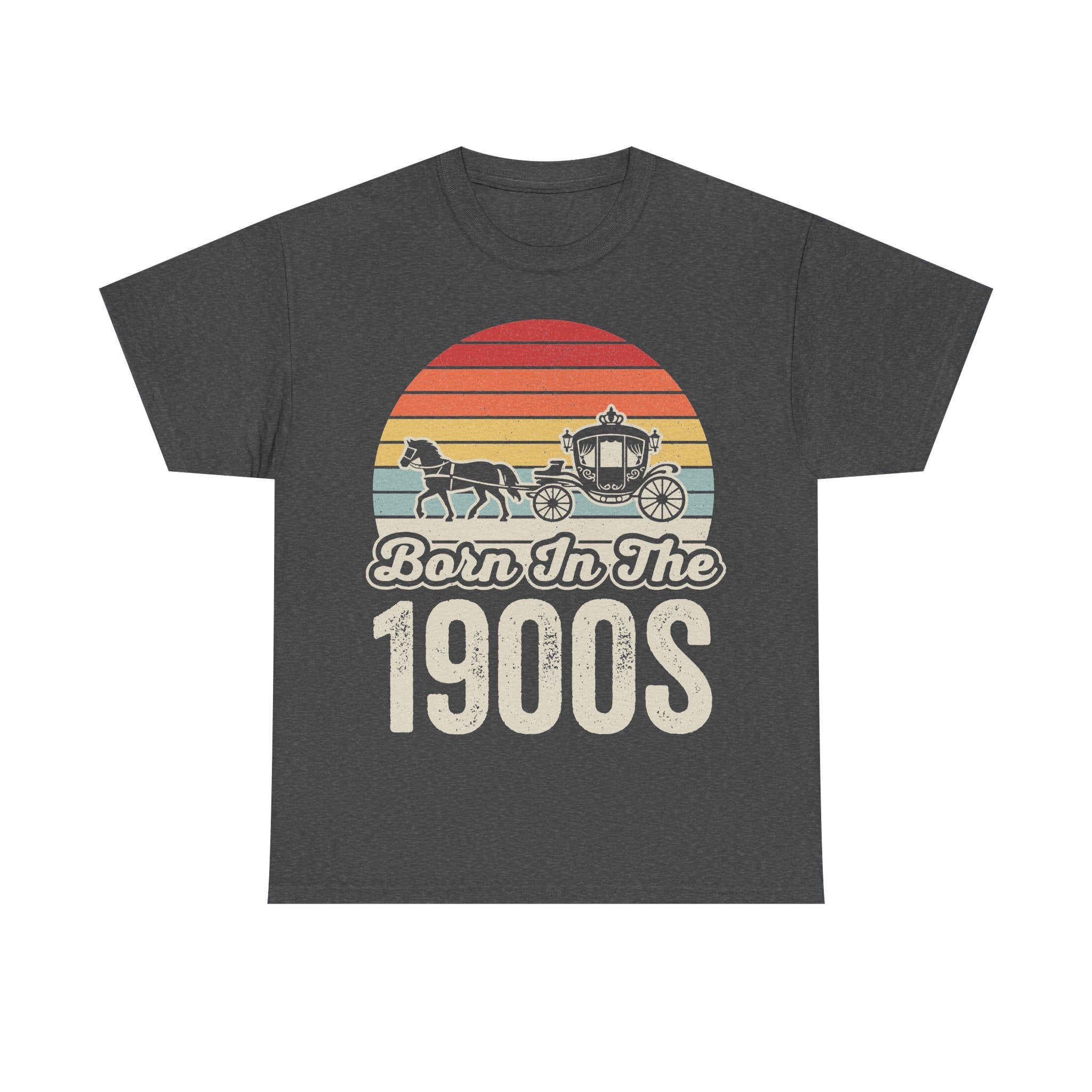 T-shirt with retro sunset carriage graphic featuring horses and the text Born In The 1900s on a dark charcoal shirt.
