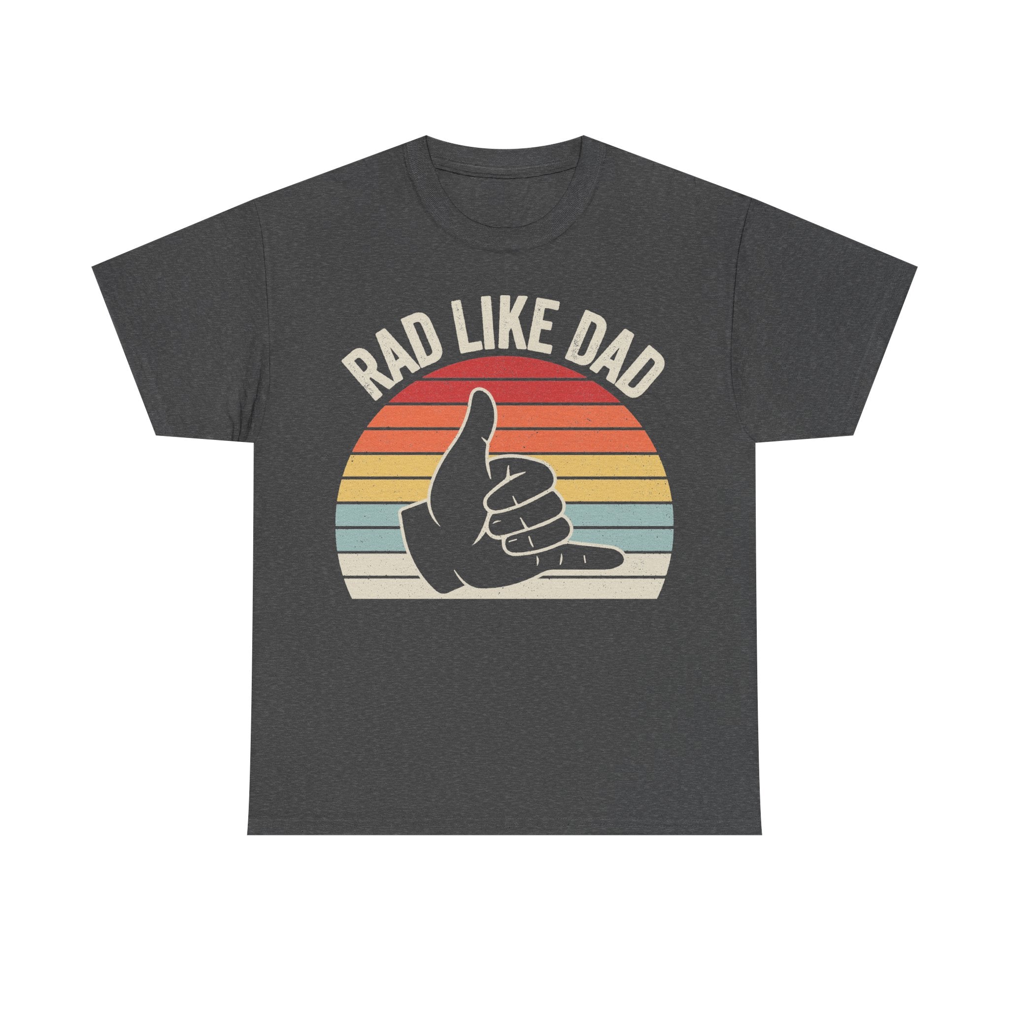 T-shirt with Rad Like Dad retro sunset graphic and thumbs-up hand on charcoal gray fabric