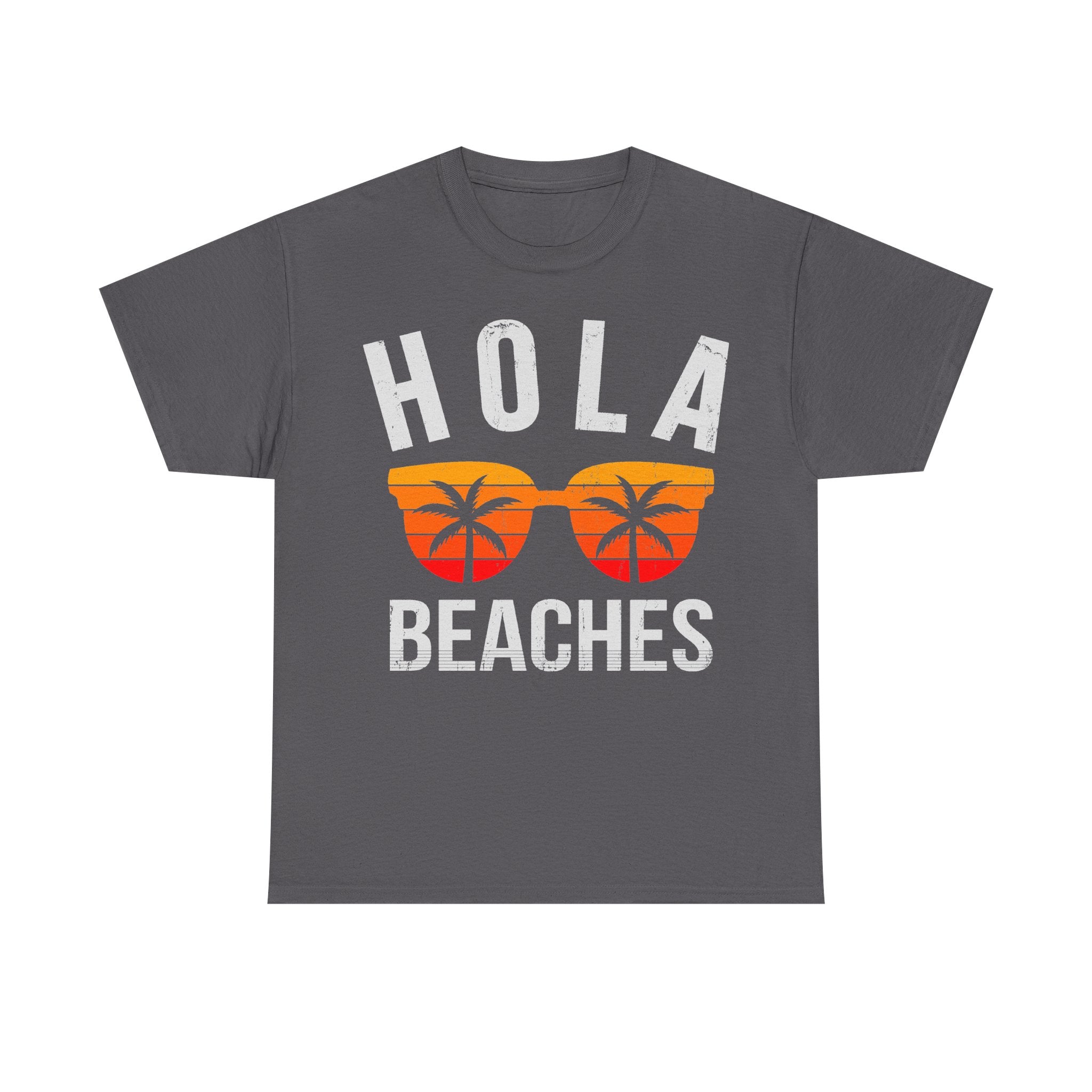 T-shirt with distressed white HOLA text and orange palm-tree sunset graphic on dark gray shirt; BEACHES visible.