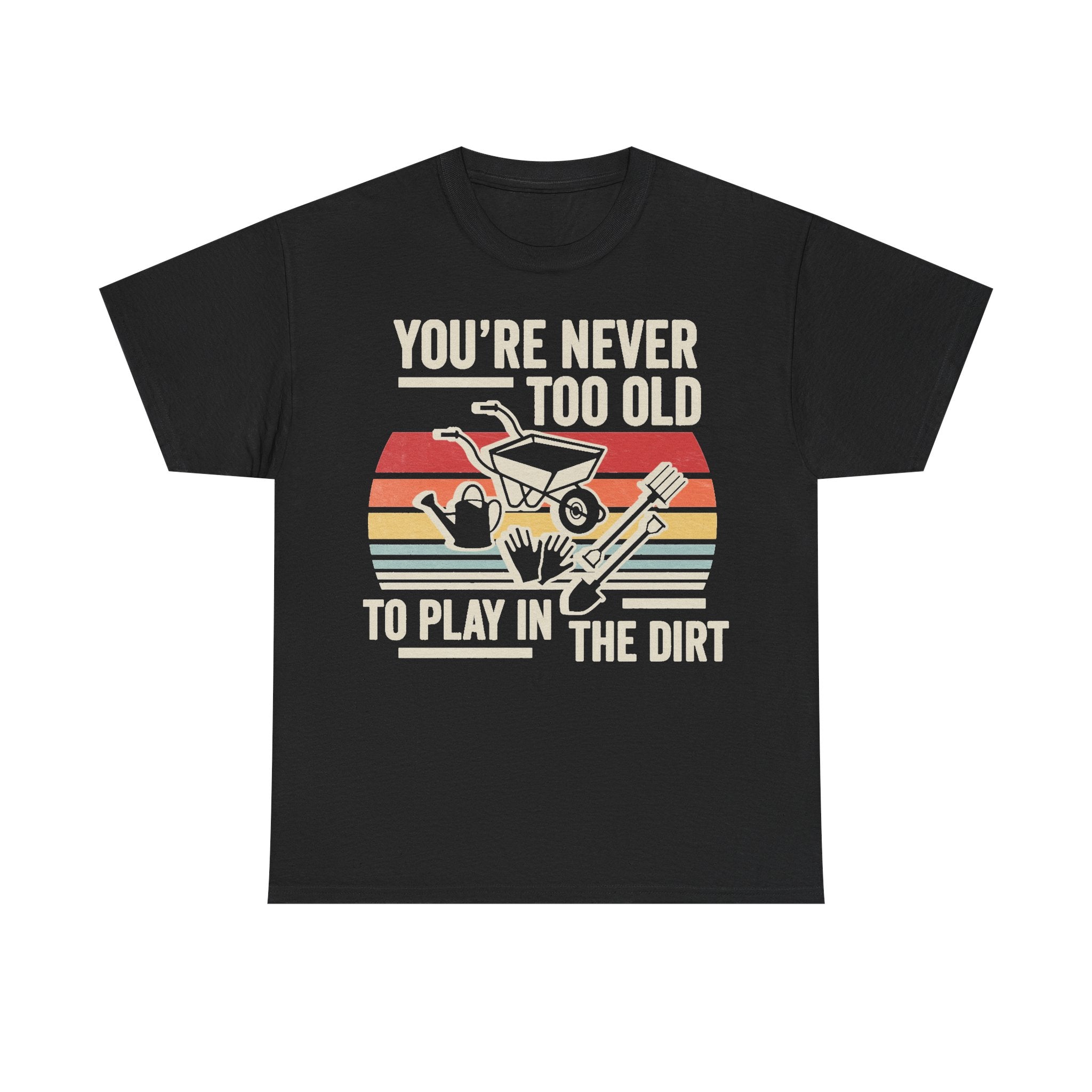 Black t-shirt with beige retro typography and a colorful striped panel showing gardening tools illustration.