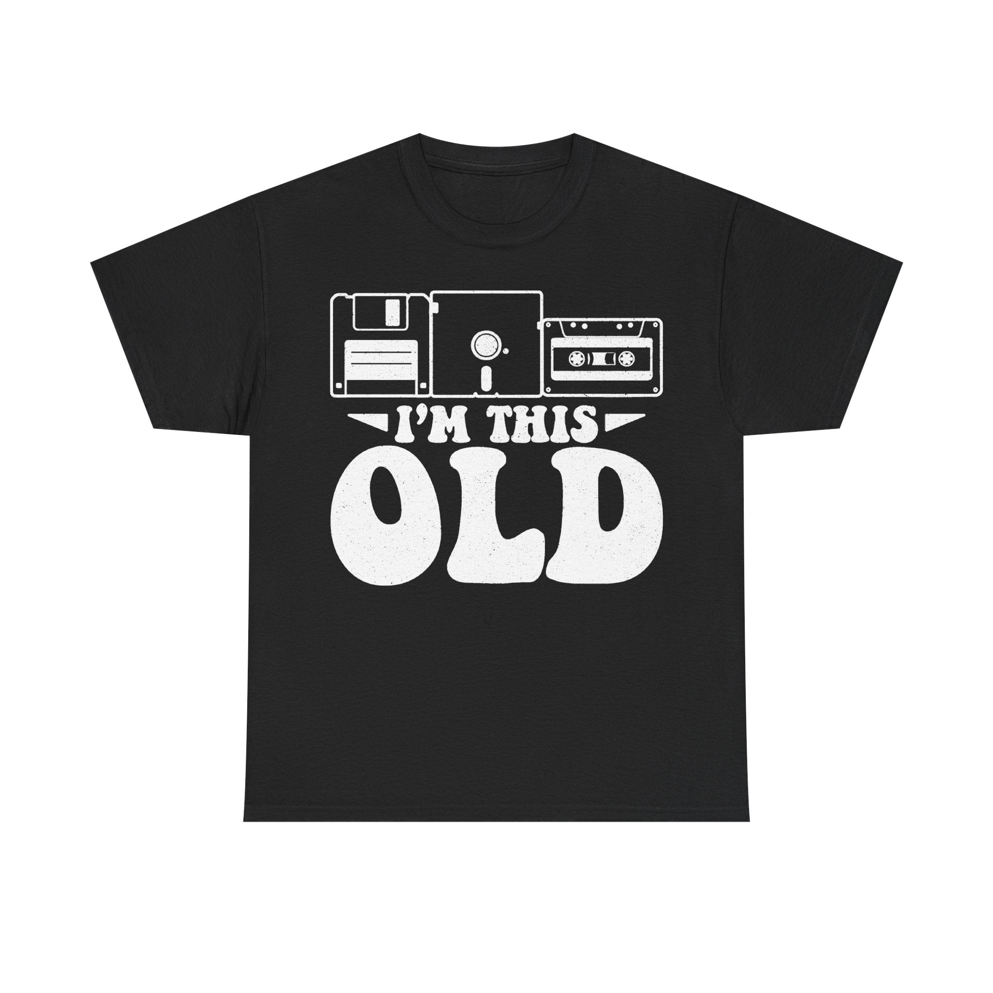 T-shirt, black with white retro tech icons (floppy disk, cassette, VHS) and I'M THIS OLD