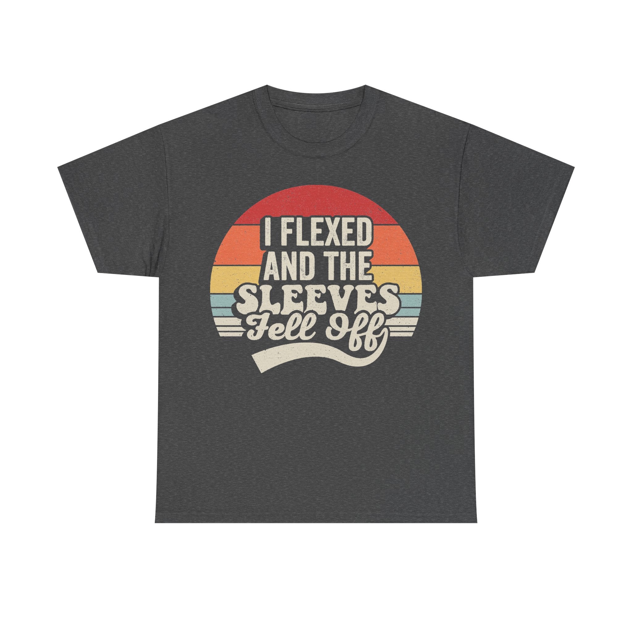 Dark gray T-shirt with retro sunset graphic and bold white text I FLEXED AND THE SLEEVES FELL OFF.