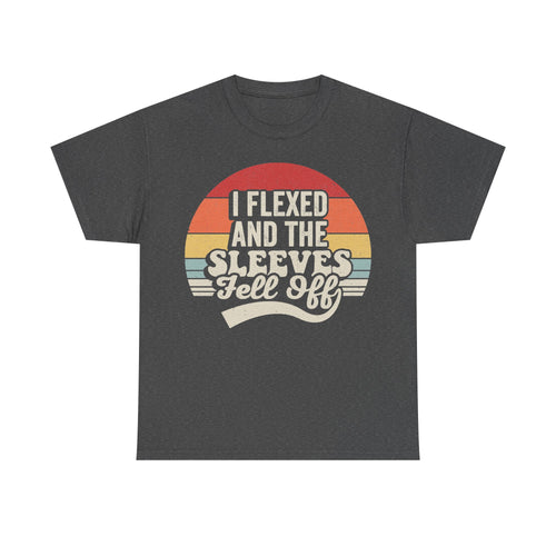 Dark gray T-shirt with retro sunset graphic and bold white text I FLEXED AND THE SLEEVES FELL OFF.