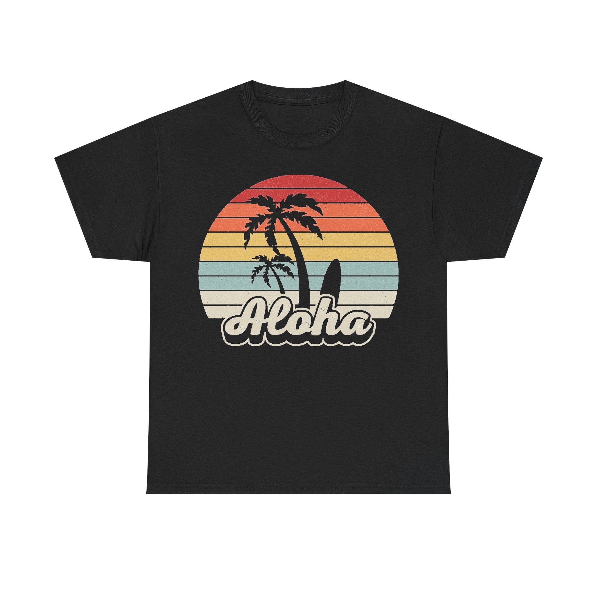 Vintage Aloha Palm Tree Sunset T Shirt With Retro Beach Vibe On Black Cotton Tee