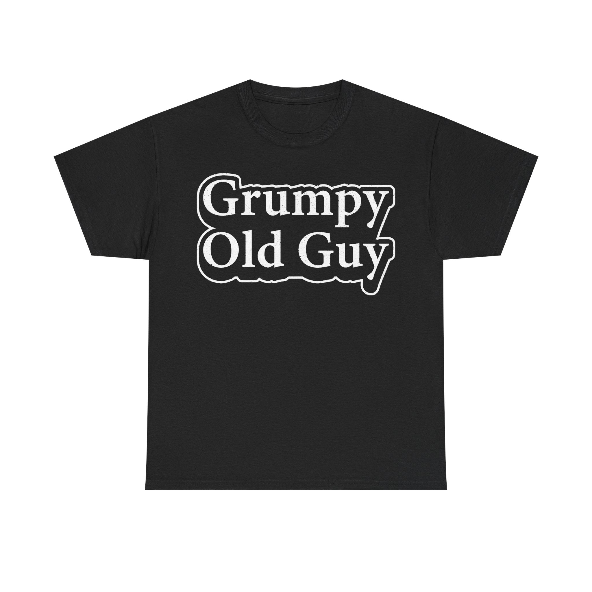 Men's black T-shirt with distressed white typography reading Grumpy Old Guy across the front.