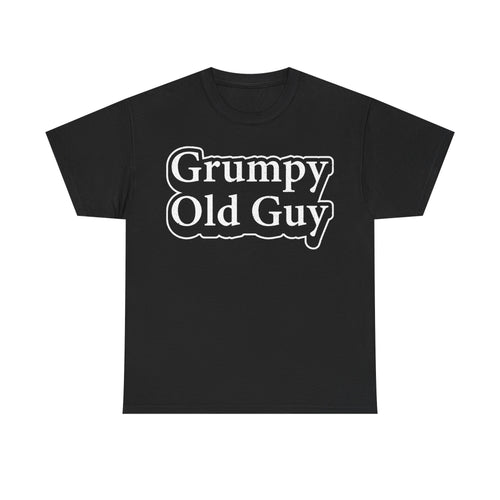 Men's black T-shirt with distressed white typography reading Grumpy Old Guy across the front.