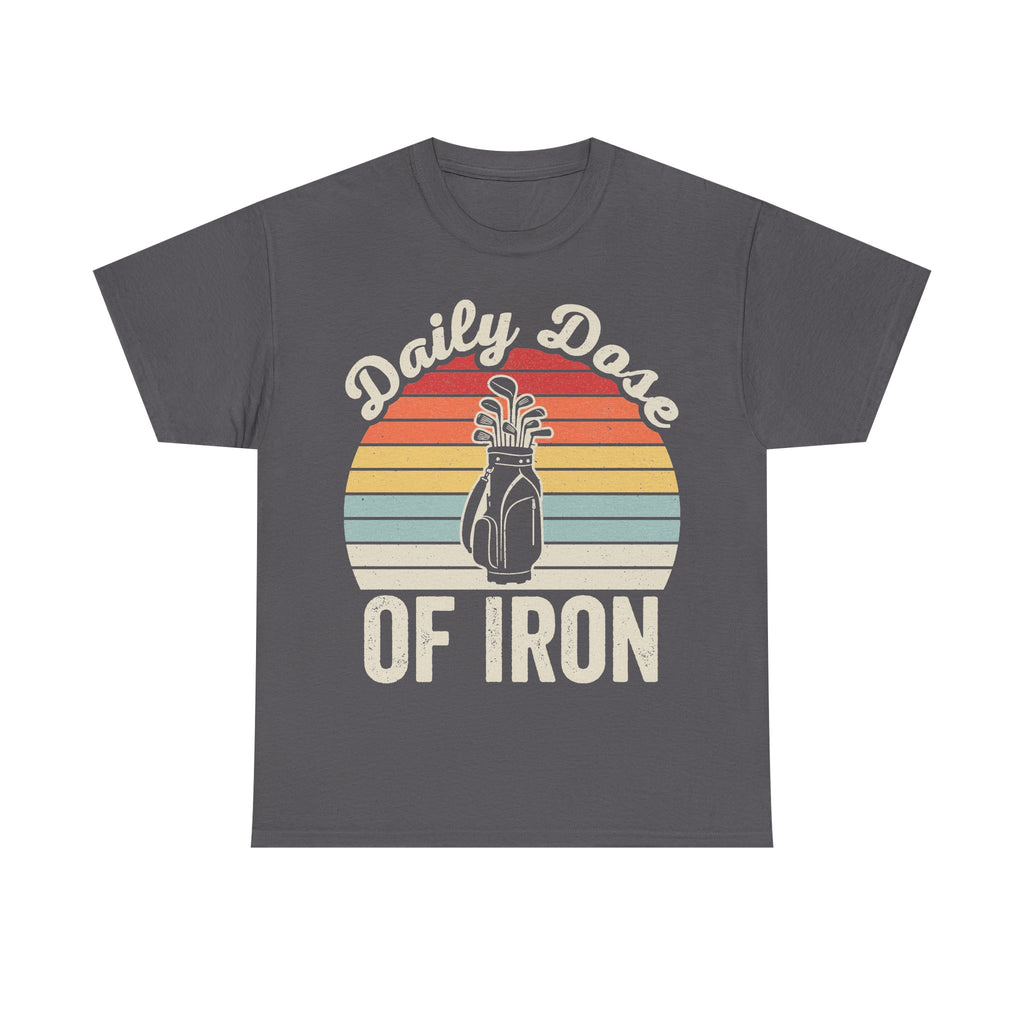 Gray T-shirt with retro sunset stripes and bottle illustration and the text Daily Dose Of Iron