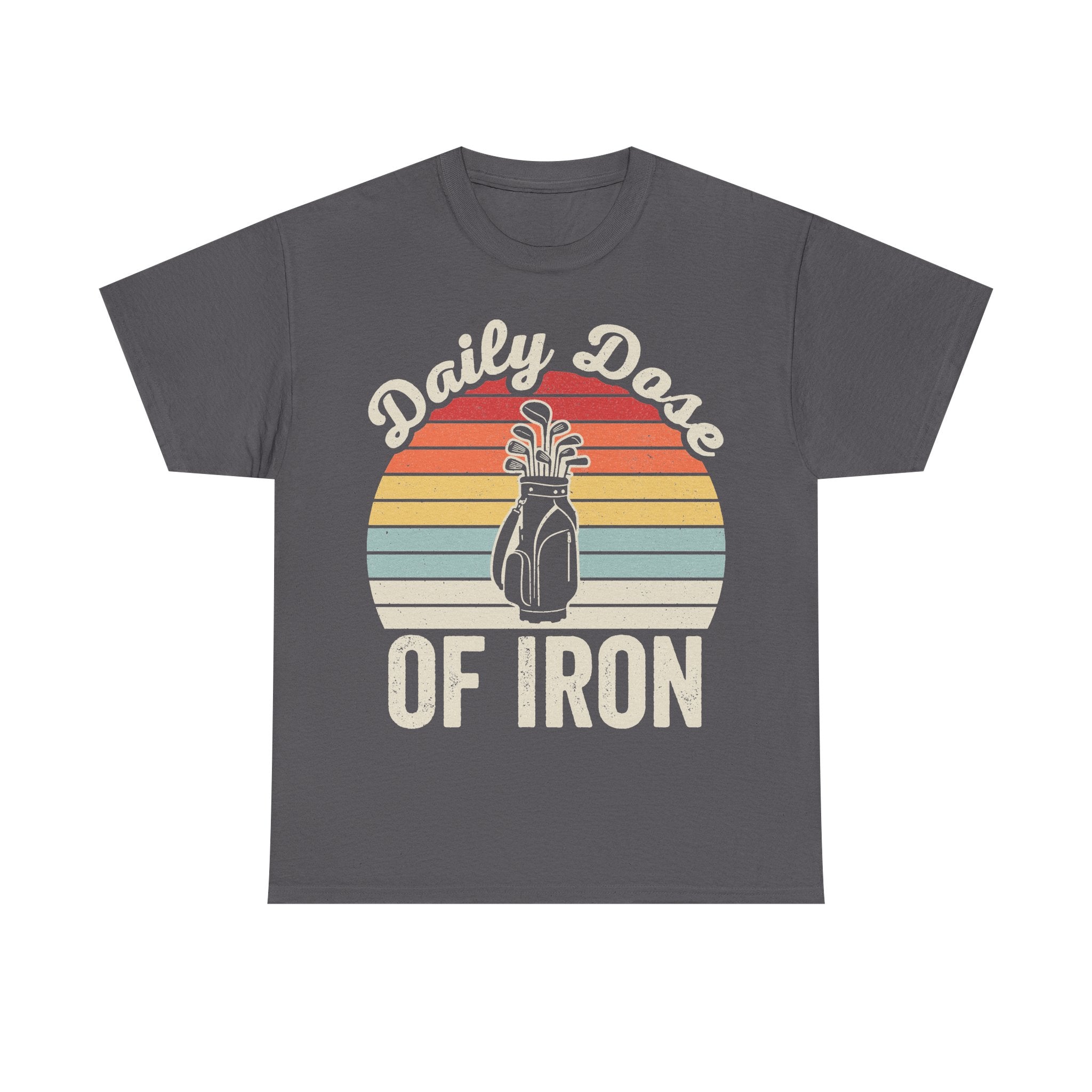 Gray T-shirt with retro sunset stripes and bottle illustration and the text Daily Dose Of Iron