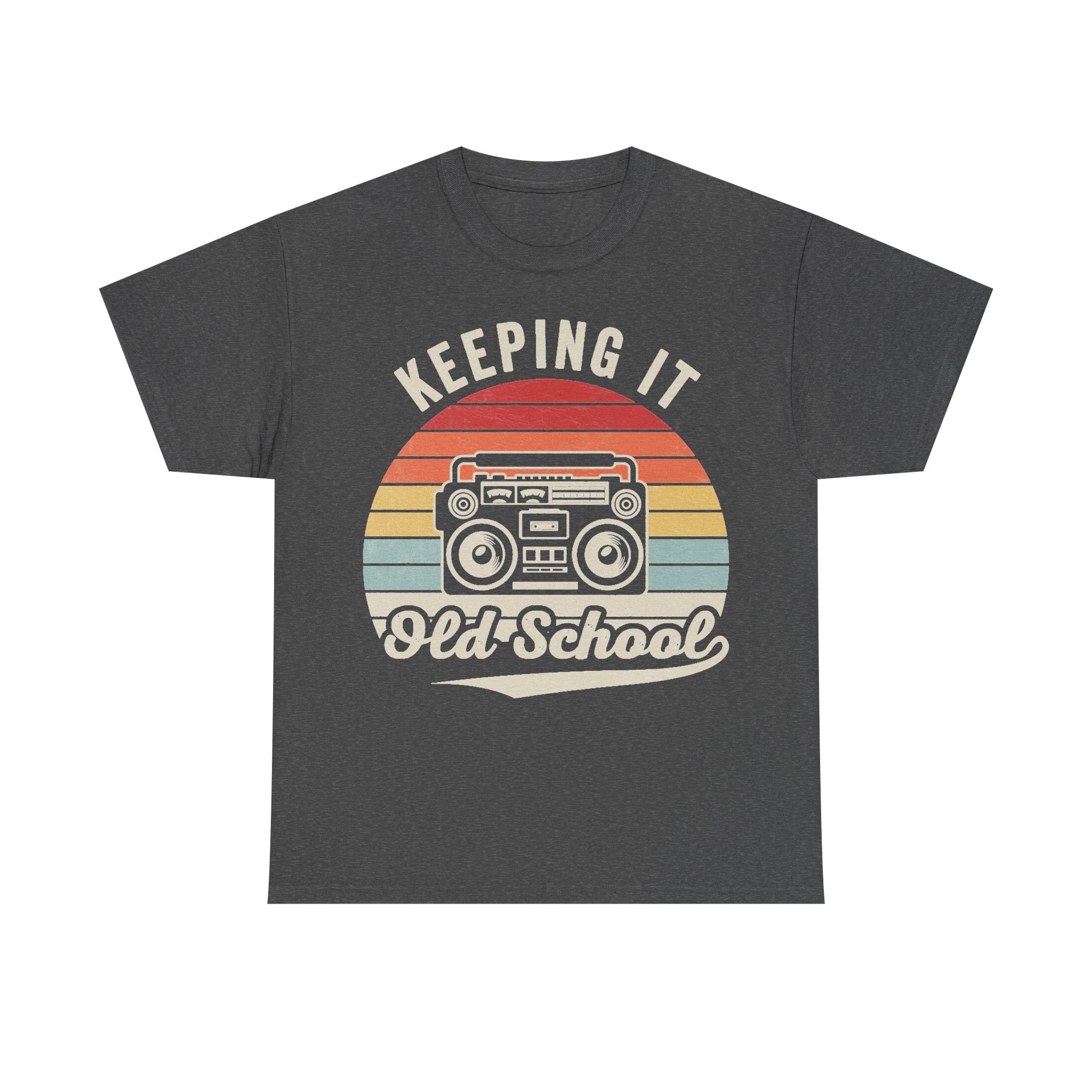 T-shirt with retro boombox graphic over rainbow stripes and curved text Keeping It Old-School on dark gray fabric