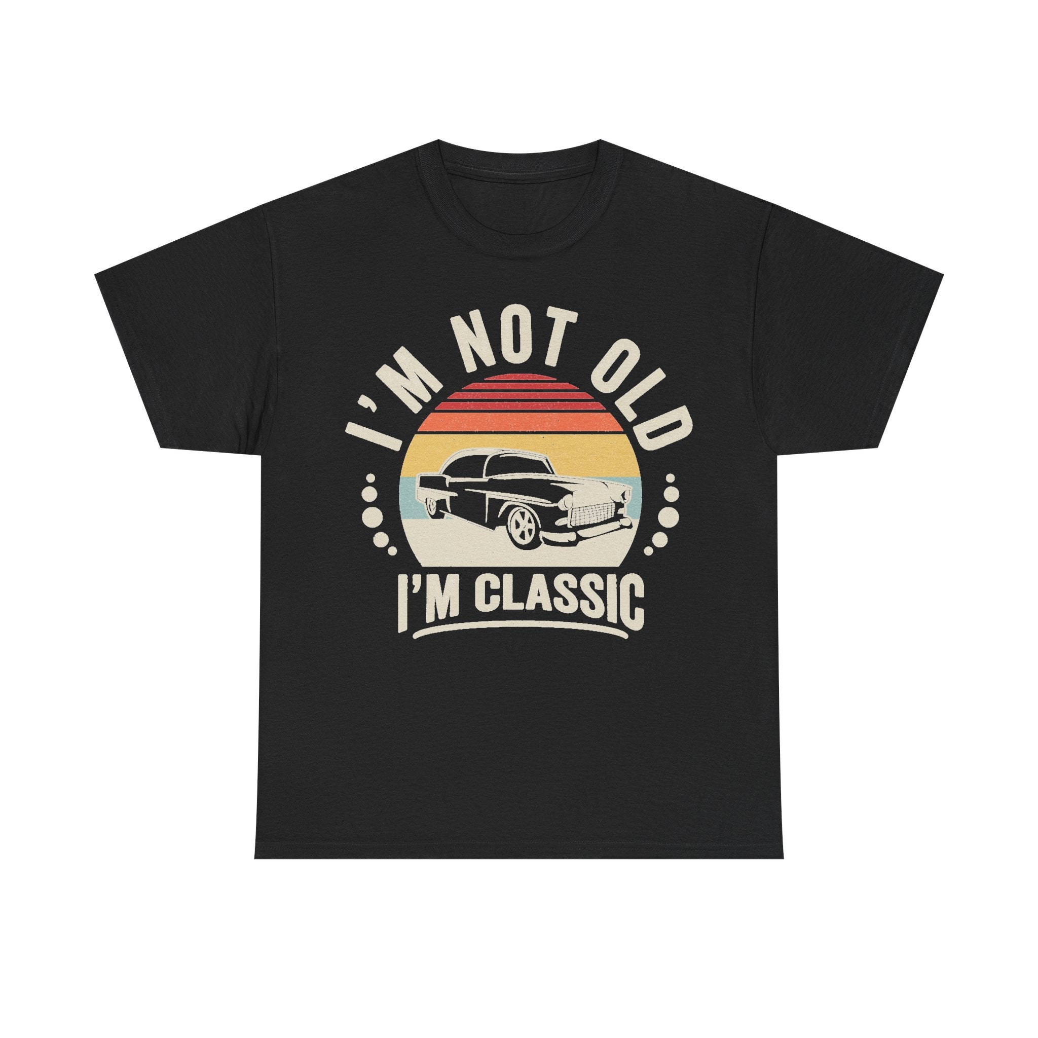 T-shirt, black, vintage car graphic with retro sunset circle and I'M NOT OLD I'M CLASSIC text