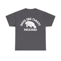 T-shirt in dark gray with white vintage-style manatee graphic and curved text Save The Floaty Potatoes