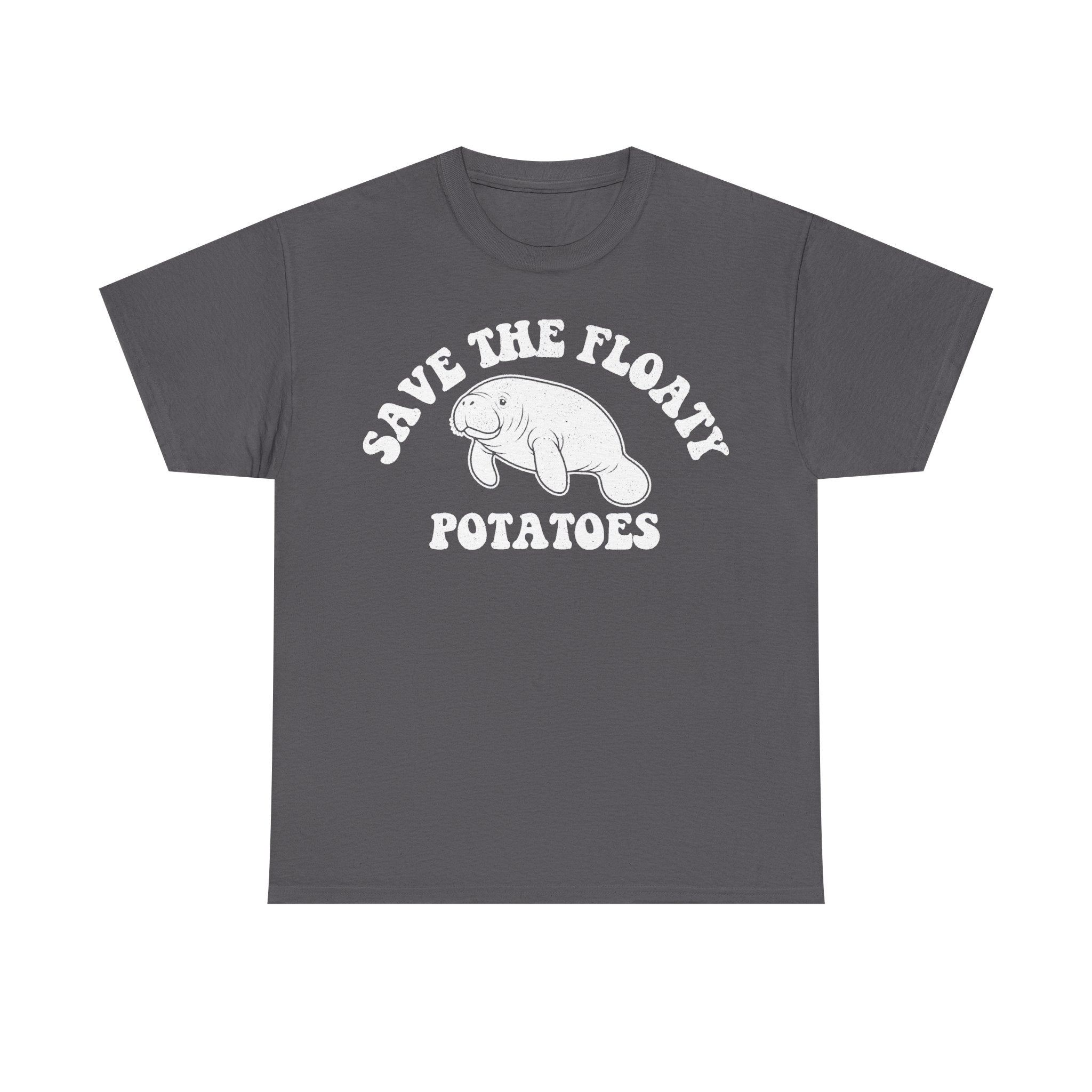 T-shirt in dark gray with white vintage-style manatee graphic and curved text Save The Floaty Potatoes