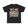 Black T-shirt with retro rainbow stripes and distressed white text CUTE AND MEDICALLY EXPENSIVE