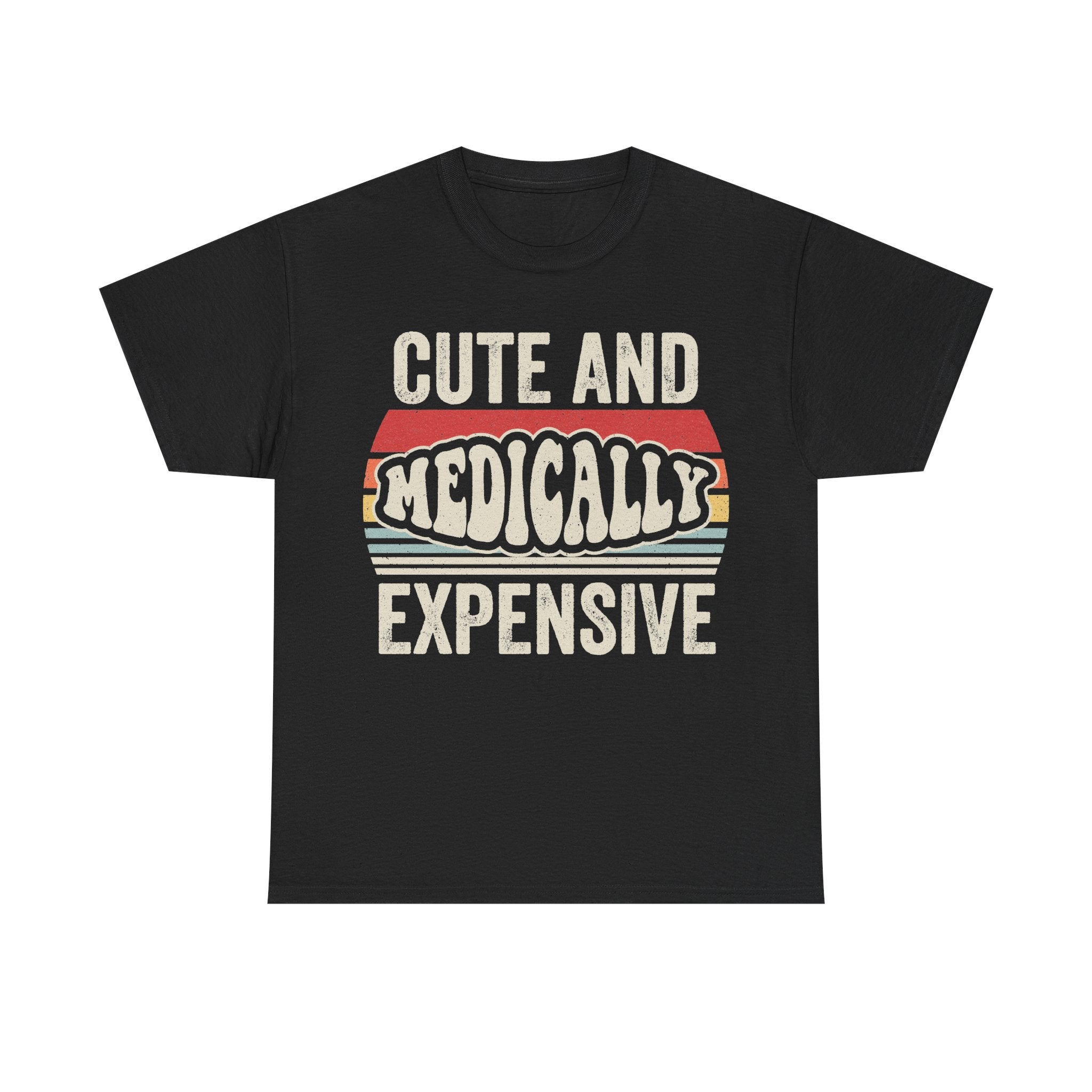 Black T-shirt with retro rainbow stripes and distressed white text CUTE AND MEDICALLY EXPENSIVE