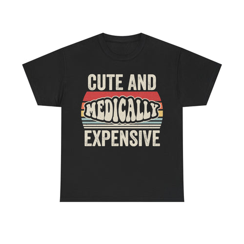 Black T-shirt with retro rainbow stripes and distressed white text CUTE AND MEDICALLY EXPENSIVE