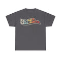 Unisex dark-gray T-shirt featuring bold retro multicolor EAT. SLEEP. GAME. REPEAT graphic on front.