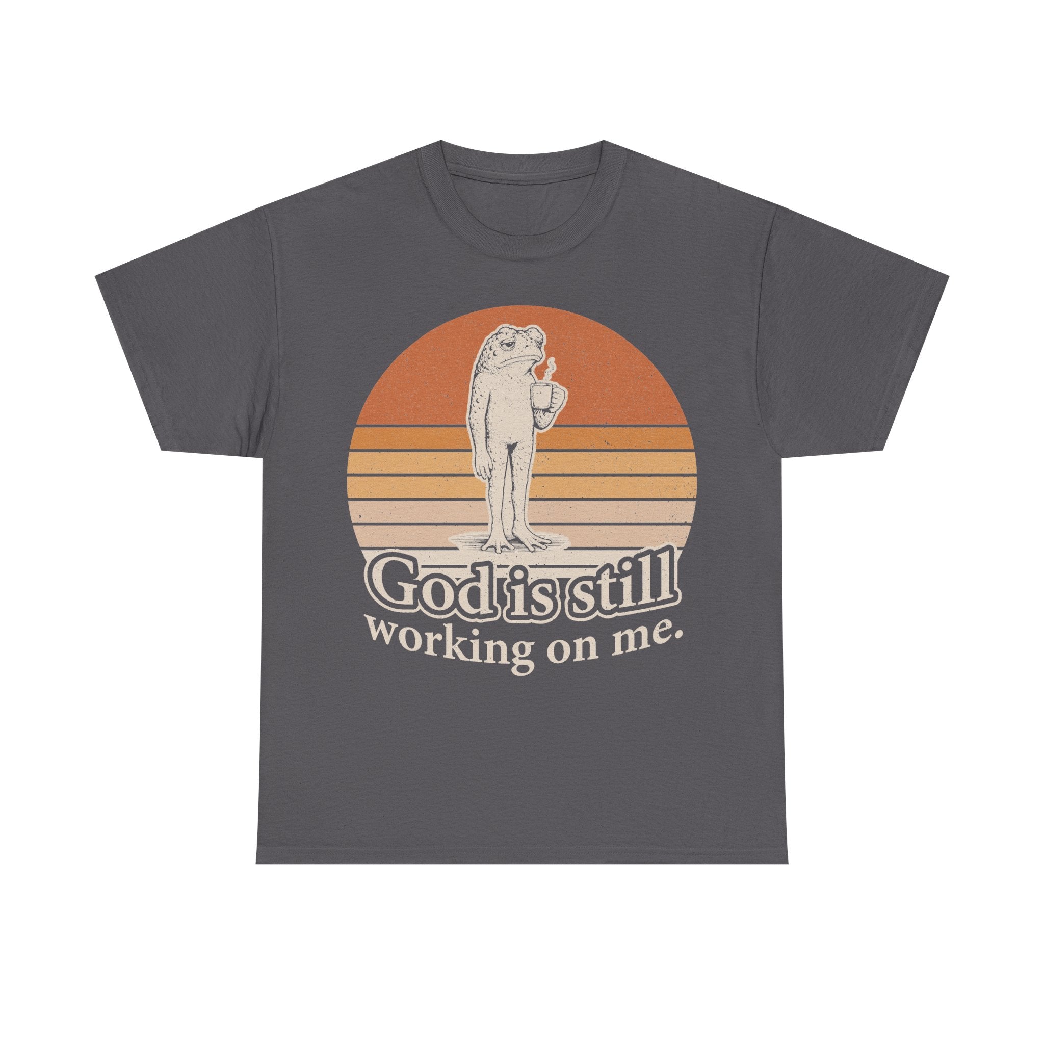 God Is Still Working On Me Christian T-Shirt With Frog Coffee Sunset Retro Design