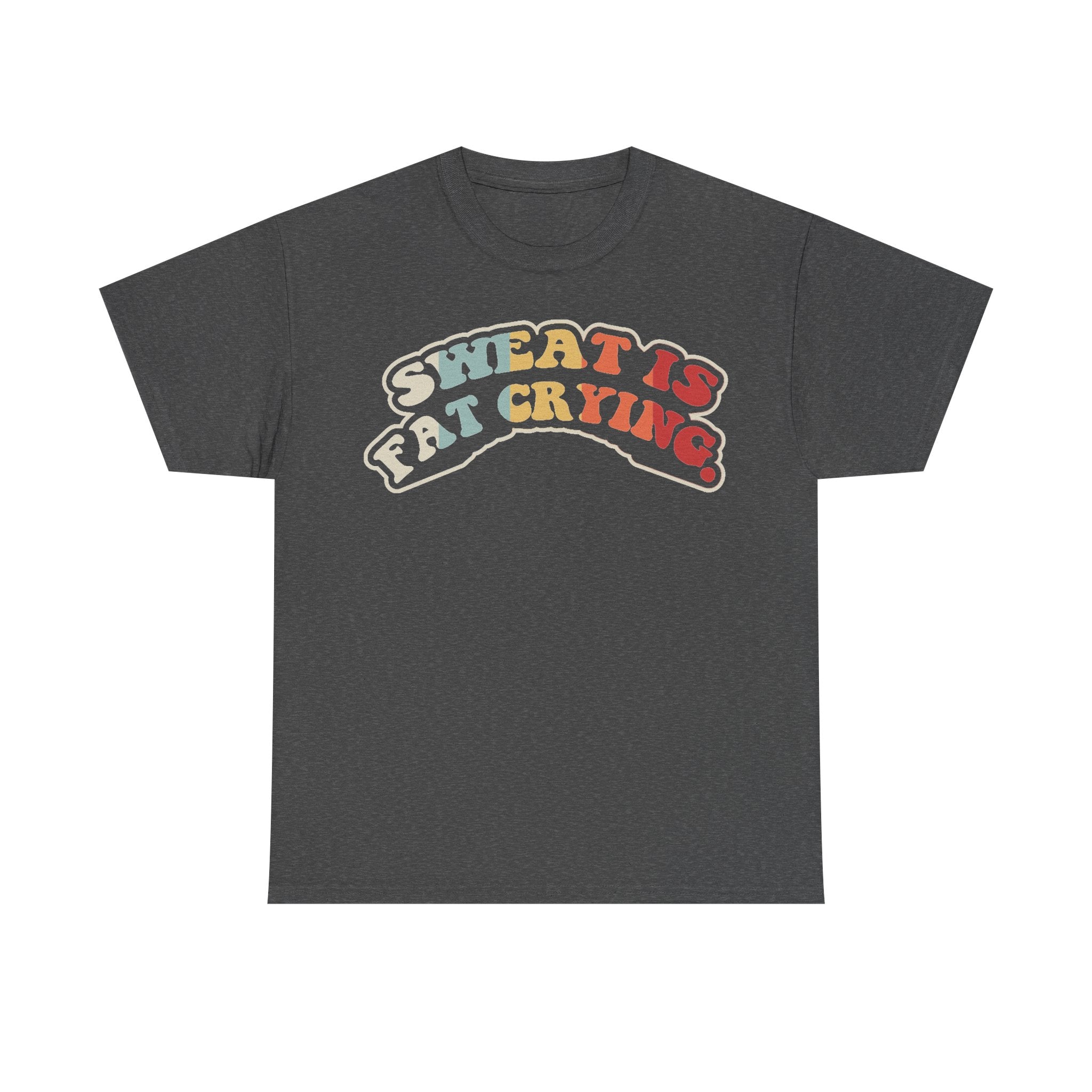 T-shirt, black, retro arc graphic with SWEAT IS FAT CRYING text