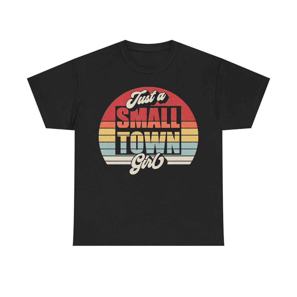 T-shirt with vintage sunset circle graphic reading Just a Small Town Girl on black fabric