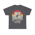 T-shirt in charcoal with retro sunset cage design featuring a goose and the text goose got too silly