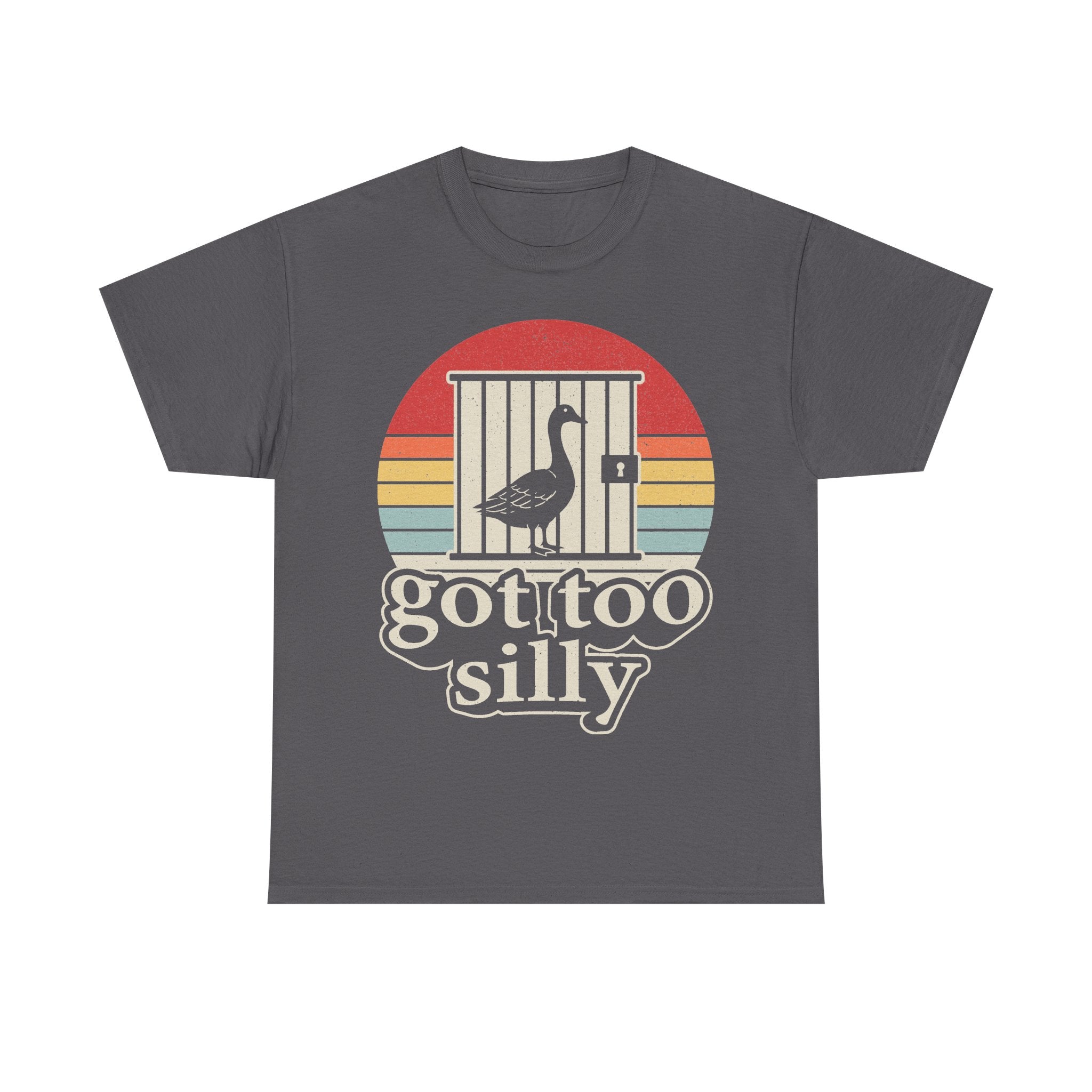 T-shirt in charcoal with retro sunset cage design featuring a goose and the text goose got too silly