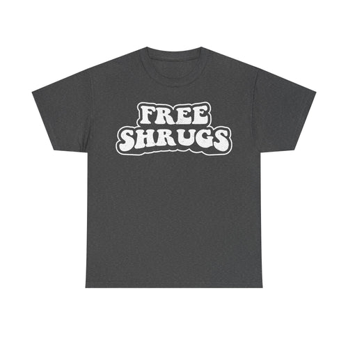 T-shirt, black with white distressed FREE SHRUGS text in retro typography