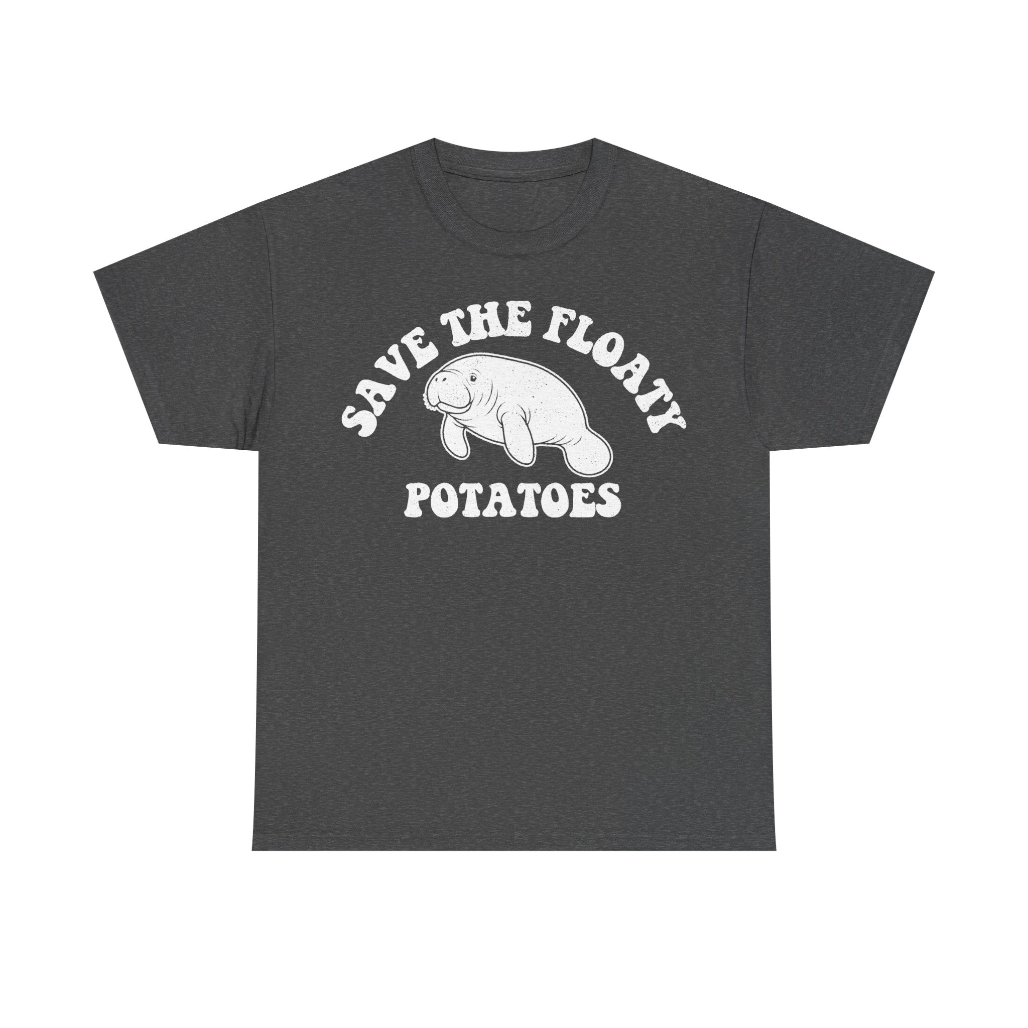 Dark gray T-shirt with white vintage-style circular print featuring a smiling manatee and curved text Save The Floaty Potatoes