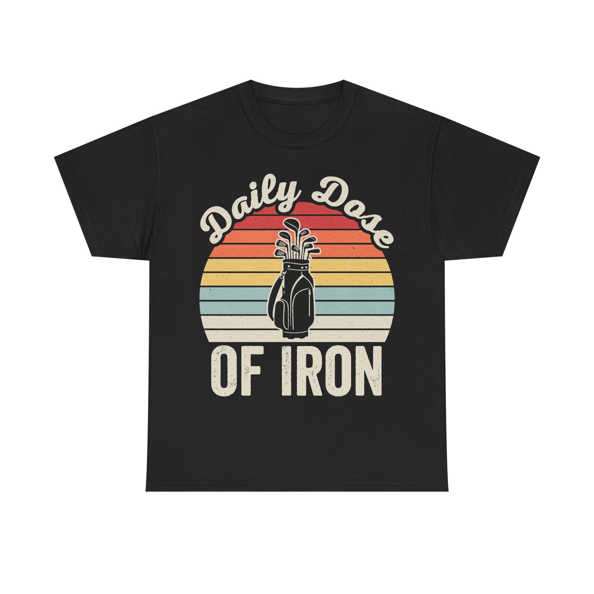 Black T-shirt featuring retro sunset stripes and a bottle illustration with the text Daily Dose Of Iron.