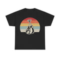 Black T-shirt with vintage 70s sunset graphic and hanging boxing gloves illustration.